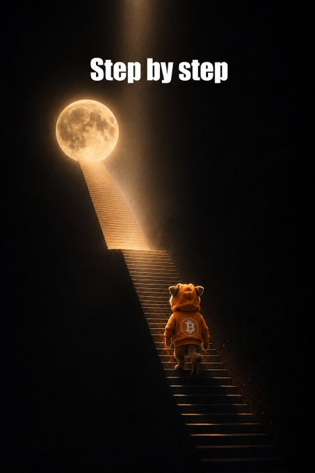 Motivational image with text 'Step by step' showing a small dog in an orange Bitcoin hoodie climbing illuminated stairs toward a glowing moon.