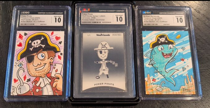 Three CGC-graded trading cards in protective slabs, each rated a perfect 10, featuring pirate-themed artwork including a skeleton, a pirate character, and a shark all wearing pirate hats.