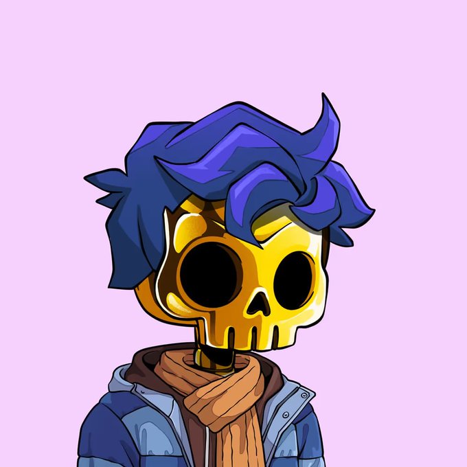 A digital illustration of a skeleton character with blue hair wearing a blue jacket and brown scarf against a light pink background.