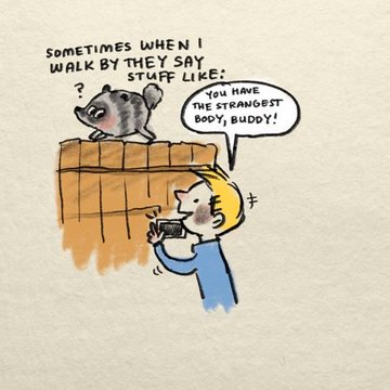 A cartoon depicts a blonde man photographing a raccoon on a wall with a caption reading "SOMETIMES WHEN I WALK BY THEY SAY STUFF LIKE:" while the man tells the raccoon "YOU HAVE THE STRANGEST BODY, BUDDY!" The image humorously illustrates the meme-style observation about the raccoon's unusual appearance, tying into the post's commentary on the viral $Jimothy raccoon token and its lingering mindshare in the crypto community.