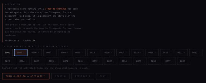 A screenshot showing a Divergent staking interface with activation details for 3,000,000 sDivergi tokens, displaying locked activations and selection boxes for epochs 0001-0038.