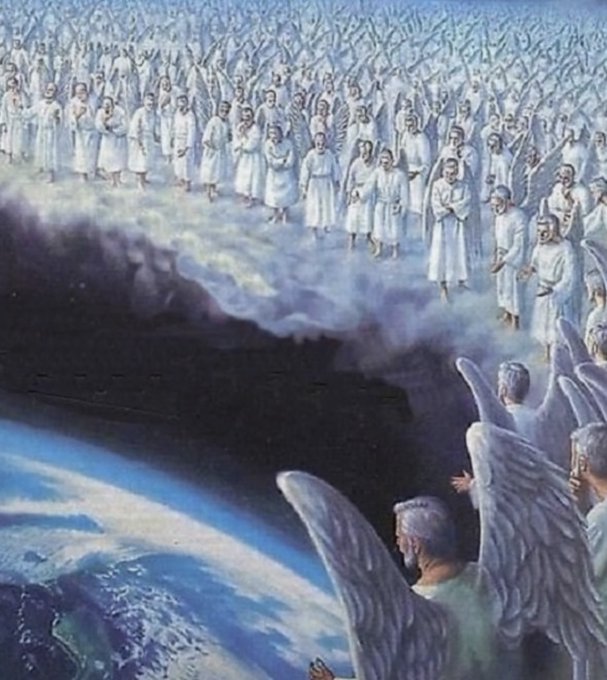 A religious painting depicting a vast host of angels in white robes gathered on clouds in heaven, with several winged angels in the foreground gesturing toward the Earth below.