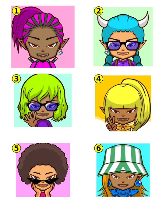 Six cartoon character portraits are displayed in a grid, each numbered 1 through 6. The characters feature diverse hairstyles, including purple ponytails, blue hair with horns, green hair, and a striped bucket hat, all with sharp teeth.