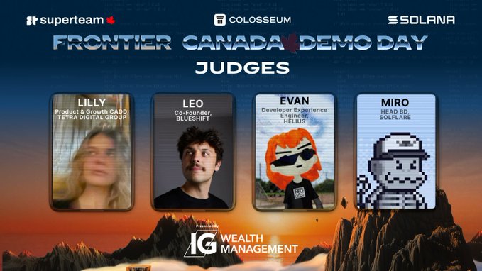 The image features a poster for the event "Frontier Canada Demo Day" with four panels featuring different judges, including a woman wearing sunglasses and an orange hat, a man wearing a black shirt, another woman wearing a black shirt, and a man in a white hat. The judges are shown on a blue background against a sunset backdrop, creating a visually appealing contrast that highlights the importance of their roles at the event.