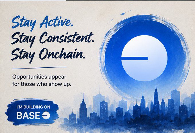 A promotional graphic for the cryptocurrency platform 'BASE' with the text 'Stay Active. Stay Consistent. Stay Onchain.' and 'Opportunities appear for those who show up,' featuring a stylized blue skyline and the Base logo.