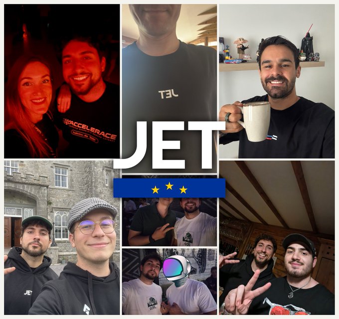 A photo collage featuring multiple shots of a smiling bearded man with friends, including a woman, in various settings like cafes and outdoors, with the text 'JET' and a logo with three stars overlaid in the center.