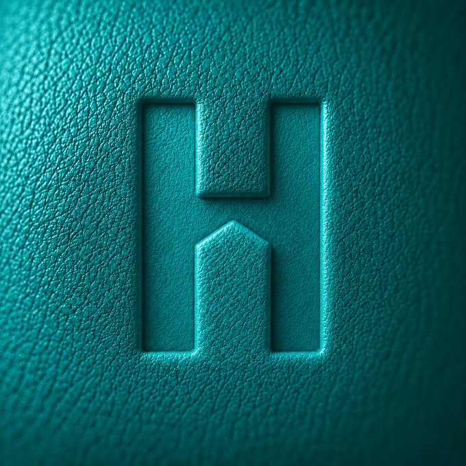 The image features a close-up view of a blue leather surface with a large, bold "H" cut out in the center. The background appears to be a light green color, which contrasts nicely with the dark blue hue of the leather. In the bottom right corner of the photo, there is text that reads: "We accept @solana too btw". This message seems to be related to the image's theme or context, possibly indicating an acceptance of the use of Bitcoin as a form of payment for the leather product.