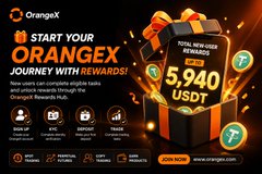OrangeX promotional graphic advertising a "Start Your Journey With Rewards" trading competition, highlighting a total welcome rewards pool of 5,940 USDT, displayed alongside a post about Senator Lummis confirming the Senate won't leave for summer recess Friday, suggesting the Clarity Act crypto regulation could pass imminently.