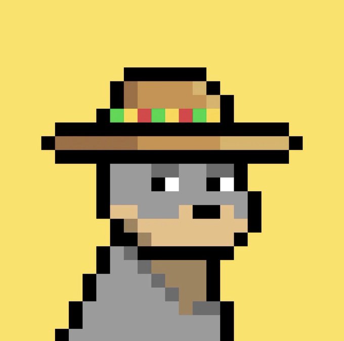A pixel art character wearing a straw hat with a green and red band on a yellow background.