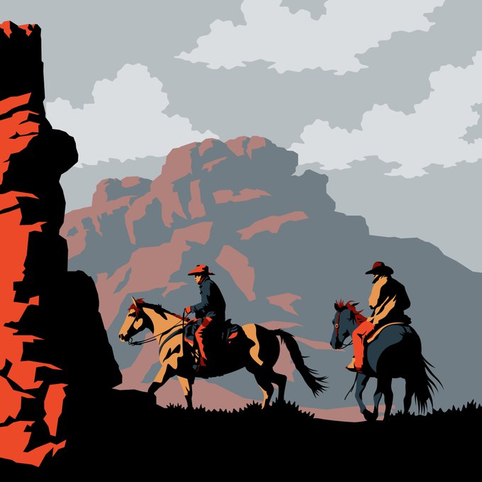 A stylized illustration depicts two cowboys riding horses through a rocky landscape with red and gray tones.