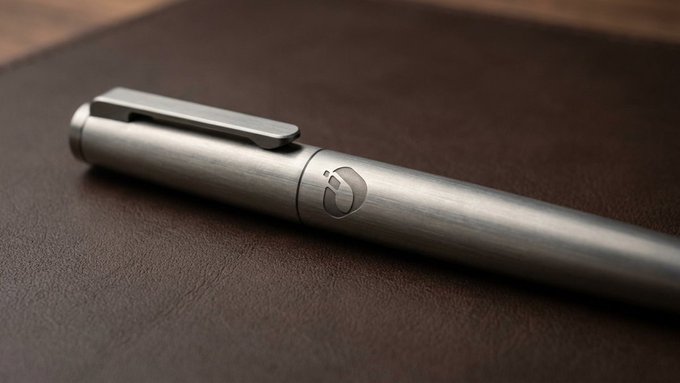 A sleek, brushed-metal pen with an engraved logo rests on a brown leather surface, symbolizing the personal, signature-level identity verification that InterLink Network provides through biometric Proof of Personhood authentication.