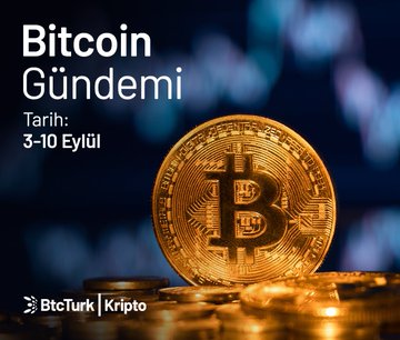 A promotional graphic for "Bitcoin Gündemi" (Bitcoin Agenda) dated September 3-10, featuring a golden Bitcoin coin against a blurred candlestick chart background, with the BtcTurk Kripto logo displayed at the bottom. The image serves as the visual header for BtcTurk's weekly Bitcoin review covering the latest crypto market developments.