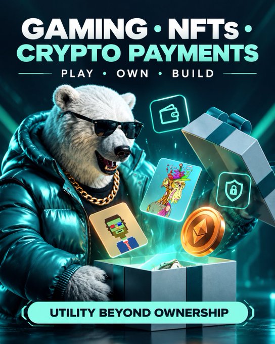 A promotional graphic featuring a bear in sunglasses reading 'GAMING • NFTs • CRYPTO PAYMENTS' and 'PLAY • OWN • BUILD' with 'UTILITY BEYOND OWNERSHIP'.
