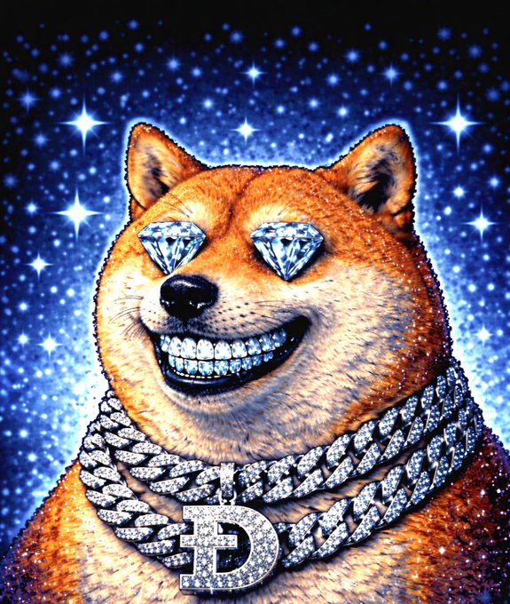 The famous 'Doge' Shiba Inu meme depicted wearing diamond-shaped sunglasses, a diamond-encrusted grill, and large diamond chains with a 'D' pendant against a starry blue background.
