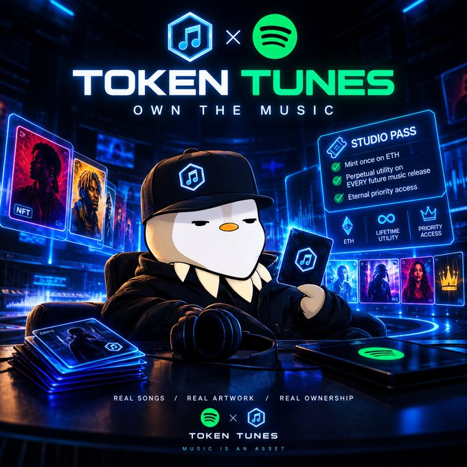 A promotional graphic for 'TOKEN TUNES' featuring a penguin mascot holding a phone, with NFT cards and a 'STUDIO PASS' listing 'Mint once on ETH', 'perpetual utility', and 'Eternal priority access'.