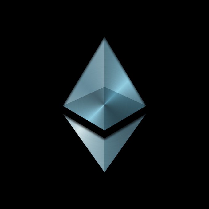The Ethereum (ETH) cryptocurrency logo on a black background.