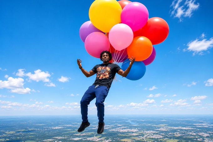 A man wearing sunglasses floats in the sky holding a large bunch of colorful balloons (yellow, pink, purple, orange, blue) above a landscape with scattered clouds.