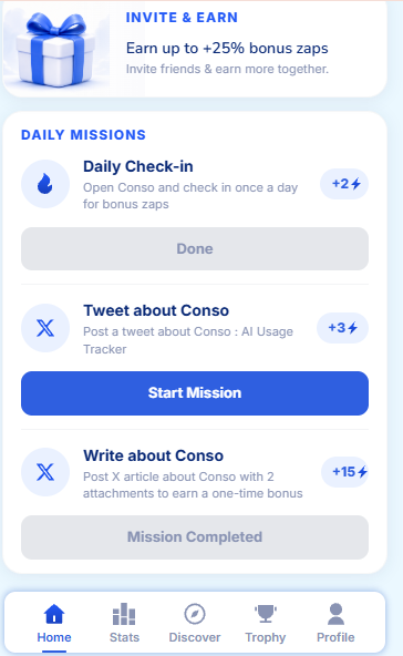 A mobile app screen showing an "Invite & Earn" section with up to +25% bonus zaps, and "Daily Missions" including Daily Check-in (Done), Tweet about Conso (Start Mission), and Write about Conso (Mission Completed).