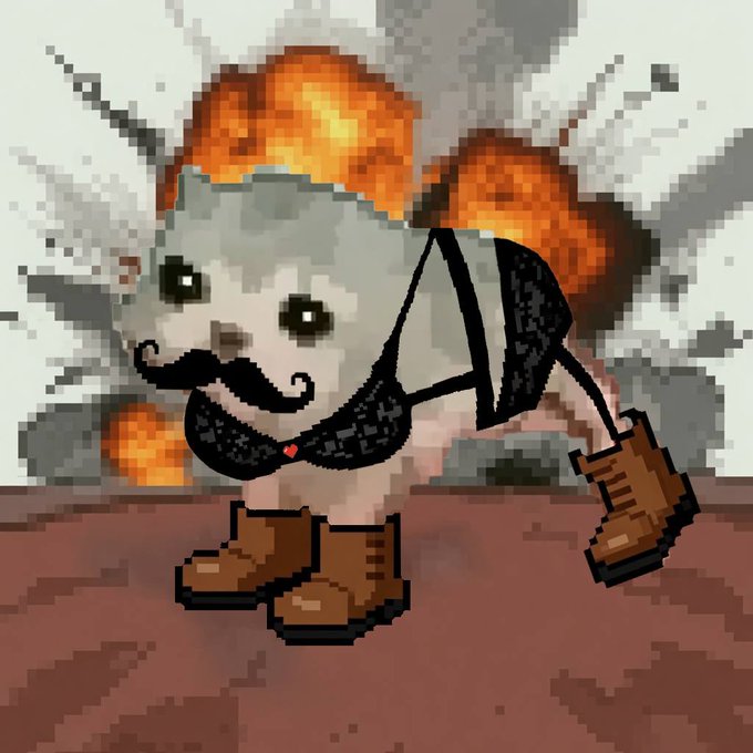 A pixel art illustration of a small white creature with a mustache, wearing boots and holding a sword, standing in front of an explosion.