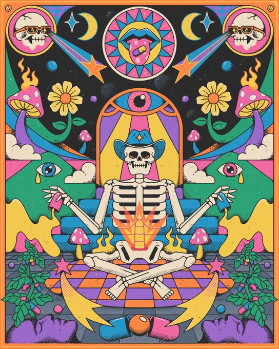 A vibrant psychedelic poster featuring a meditating skeleton in a cowboy hat surrounded by mushrooms, flowers, eyes, moons, and flaming elements.