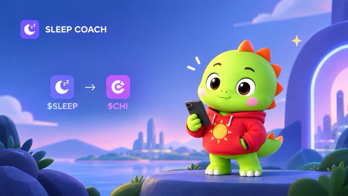 A promotional graphic for 'SLEEP COACH' shows a green cartoon dinosaur mascot in a red hoodie using a phone, with $SLEEP converting to $CHI.