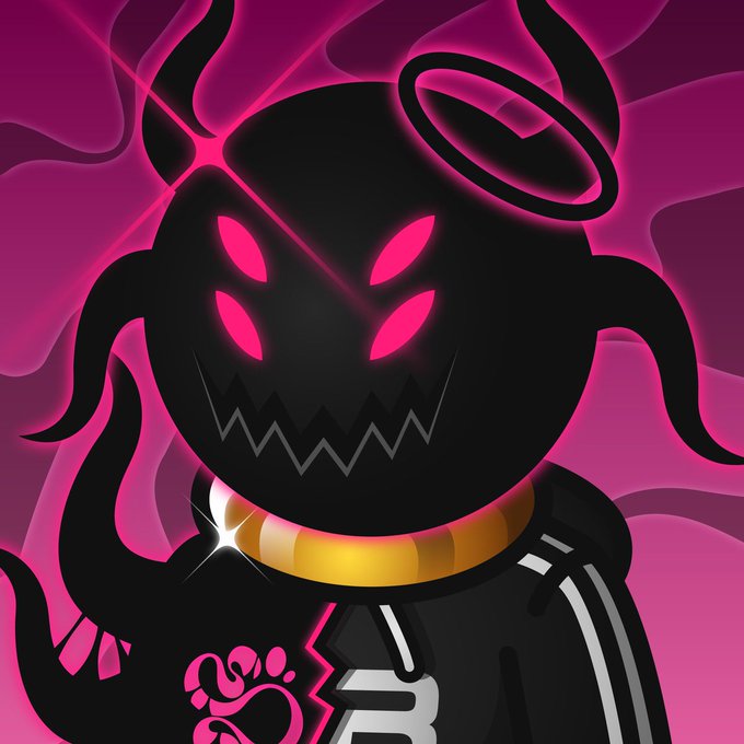 A dark, demonic cartoon figure with glowing red eyes, a sinister grin, horns, and a halo is depicted against a vibrant pink background, wearing a gold collar and a hooded jacket featuring a pink paw logo. The menacing yet playful "demon" imagery aligns with the celebratory post "You love to see it," possibly symbolizing a villain's defeat or a triumph over adversity with a darkly humorous twist.
