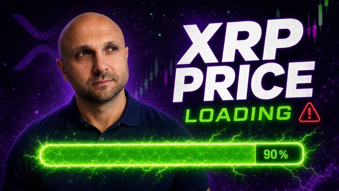 A bald man in a dark polo shirt appears against a cosmic purple background featuring the XRP logo, with bold text reading "XRP PRICE LOADING" and a glowing green progress bar at 90%, visually conveying that XRP's regulatory clarity outcome under the Clarity Act is nearly resolved but not yet finalized, mirroring the post's tension about the bill's fate during August recess.