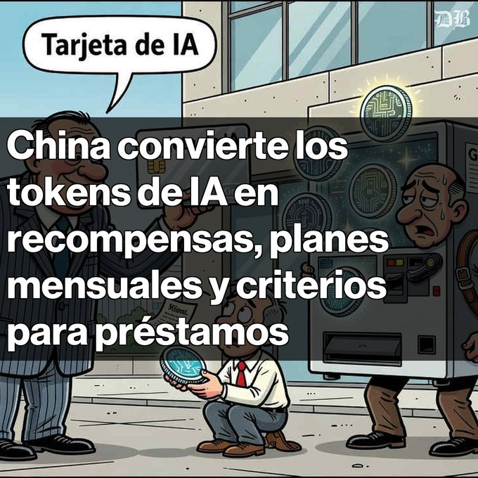 A cartoon illustration showing people with an AI card machine, with Spanish text 'China converts AI tokens into rewards, monthly plans, and loan criteria' and a speech bubble saying 'Tarjeta de IA'.