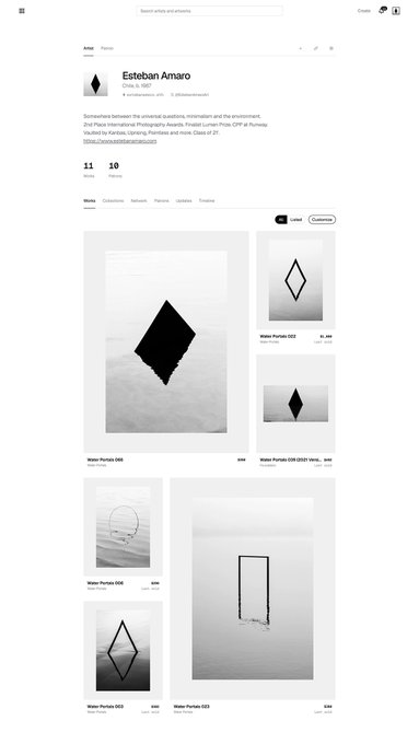 An online art gallery profile for artist Esteban Amaro (Chia, &, 2023), showcasing works from the 'Water Pumps' series featuring minimalist geometric forms and diamond shapes in grayscale.