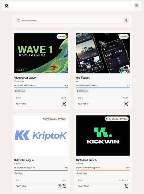 A campaign platform interface displaying four campaigns: 'Vibestarter Wave 1', 'ero Faucet', 'Kriptok League', and 'KickWin Launch', each with payout information and progress bars.