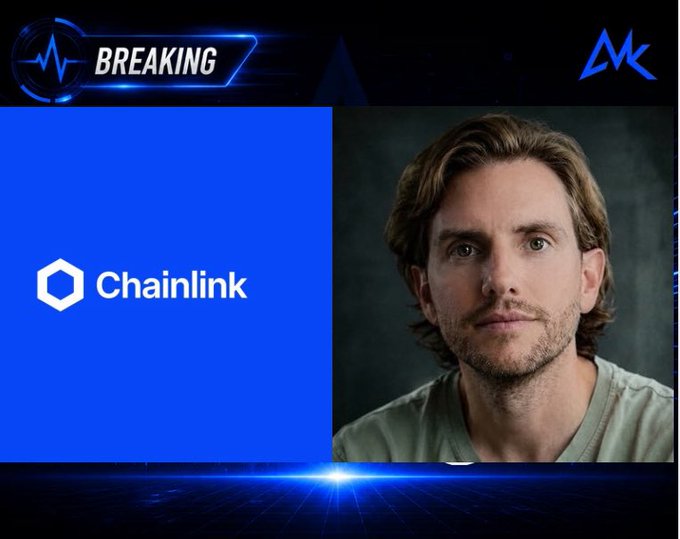 A news-style graphic with 'BREAKING' text displays the Chainlink logo alongside a portrait of a man with shoulder-length blond hair.