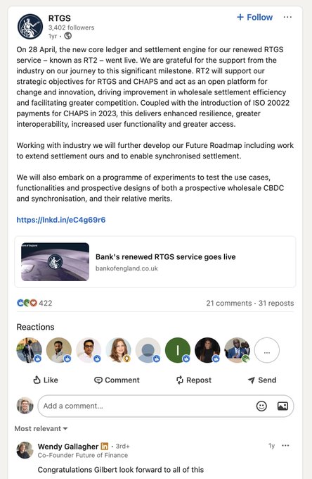 A LinkedIn post from RTGS celebrating the live launch of Bank of England's renewed RT2 settlement engine on April 28th, highlighting ISO 20022 payments for CHAPS in 2023 and future CBDC/synchronisation experiments, with Wendy Gallagher (Co-Founder Future of Finance) commenting "Congratulations Gilbert! Look forward to all of this" — illustrating the alleged quiet integration of Quant ($QNT) with BoE infrastructure.
