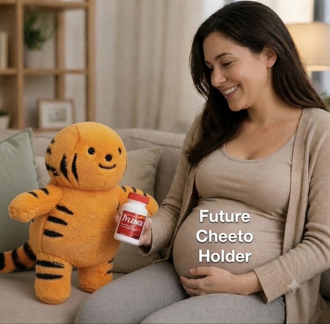 A pregnant woman sits on a couch holding a bottle of Tylenol offered by a plush tiger toy, with text labeling the image 'Future Cheeto Holder.'