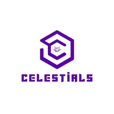 A logo featuring a purple, geometric hexagonal design enclosing a handshake icon, with the word 'CELESTIALS' written in stylized purple text below it.