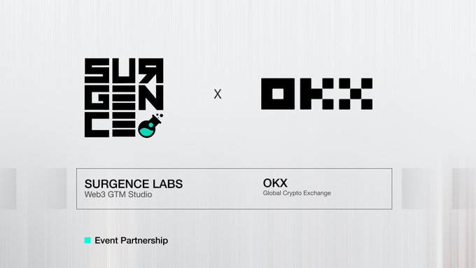 The image displays a partnership announcement graphic featuring the Surgence Labs logo (a stylized "SURGENCE" design with a teal flask icon) and the OKX logo side by side, separated by an "X" to indicate collaboration. Below the logos, labels identify "SURGENCE LABS — Web3 GTM Studio" and "OKX — Global Crypto Exchange," with a teal tag at the bottom reading "Event Partnership," directly corresponding to the post announcing their collaboration on OKX Dev Day 2026 in Singapore.