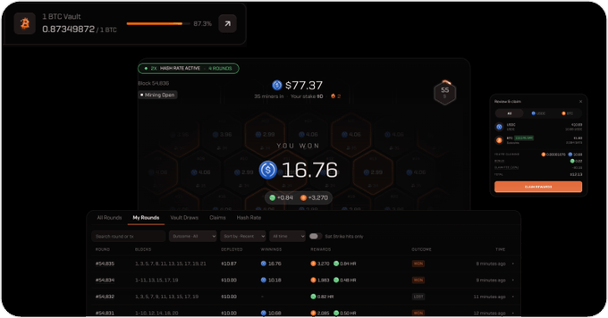 The image shows a screenshot of the SatRush V2 interface, displaying a Bitcoin mining game on Solana with a current 1 BTC vault (0.87349872/1 BTC at 87.3%), an active "Medium-Rate Active" round showing 16.76 won and a payout of $77.37, alongside a recent rounds table with bet amounts ranging from $12.30 to $12.27 and win multipliers like 3.27x and 10.18x—illustrating the post's point about mining hashrate to win BTC/USDC rewards every minute.