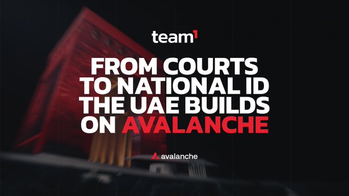 A promotional graphic with the headline 'FROM COURTS TO NATIONAL ID THE UAE BUILDS ON AVALANCHE' under the 'team¹' logo.