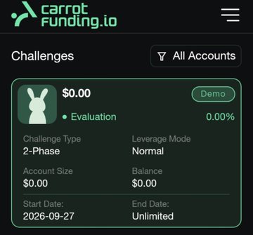 A screenshot of the Carrot Funding.io trading platform showing a Challenges page with a Demo account at $0.00, 2-Phase challenge type, start date 2026-09-27, and unlimited end date.