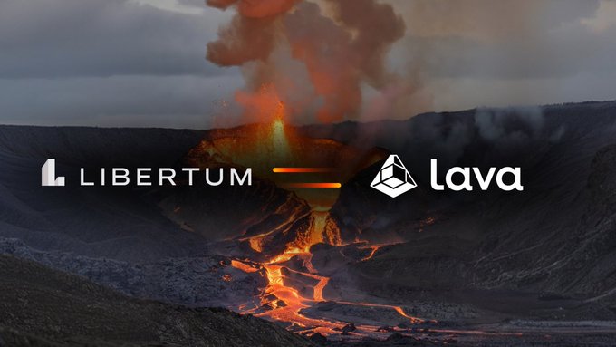 A dramatic volcanic eruption with flowing lava serves as a visual metaphor, featuring the "LIBERTUM" and "Lava" logos alongside an equals sign to symbolize that Libertum is now powered by Lava RPC, highlighting the platform's robust technological foundation for its RWA tokenization services.