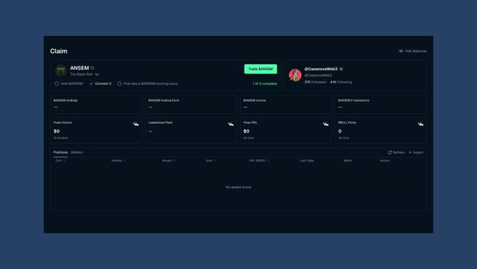 A dark-themed dashboard interface titled 'Claim' showing a trade of ANSEM (The Black Bull) between two users, with 1 of 3 complete and all trading metrics at zero.