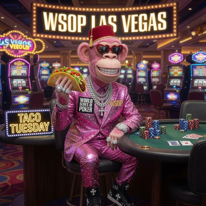 An AI-generated image of a pink gorilla wearing a sparkly pink suit, sunglasses, and a fez, holding a taco at a poker table under a 'WSOP LAS VEGAS' sign with 'TACO TUESDAY' and 'WORLD SERIES OF POKER' text.