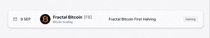 An event listing showing '9 SEP', 'Fractal Bitcoin [FB]' (Bitcoin Scaling), titled 'Fractal Bitcoin First Halving' with a 'Halving' tag.