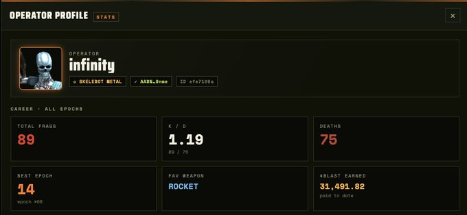 An 'Operator Profile' stats screen for player 'infinity' showing 89 total frags, 75 deaths, a 1.19 K/D, best epoch 14 (Epoch #08), favorite weapon Rocket, and 31,491.82 bolst earned.
