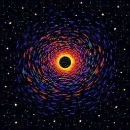 A stylized depiction of a black hole surrounded by a swirling ring of red, orange, and blue cosmic dust against a star-filled background.