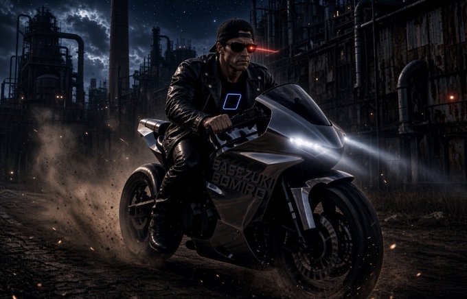A stylized digital artwork depicts a man in a black leather jacket and cap riding a futuristic silver motorcycle labeled 'SABZUKI BOMIRO' through an industrial, smoky nighttime setting.