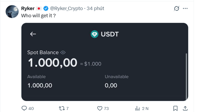 The image shows a screenshot of a tweet from verified user @Ryker_Crypto featuring a USDT (Tether) wallet balance of 1,000.00, with the caption "Who will get it?" This appears to support the accompanying post's claim of a $1000 USDT giveaway, likely tied to a crypto-related prediction game rather than a legitimate Brazil vs. Japan sports match giveaway, which is a common scam tactic using celebrity/verified accounts to lure victims.