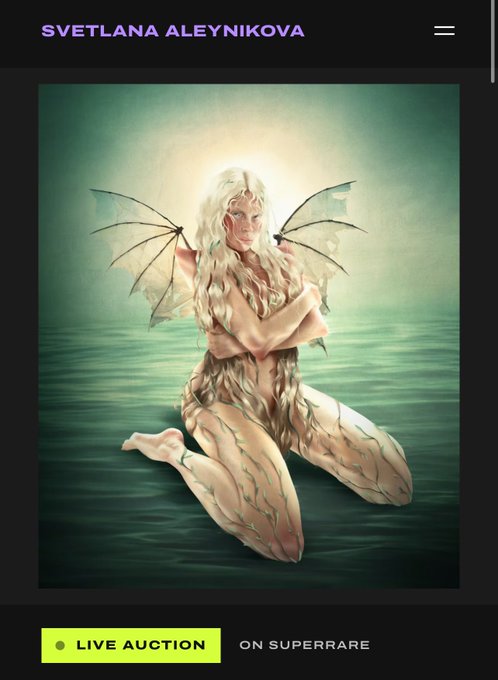 A promotional image for 'SVETLANA ALEYNIKOVA' featuring a fantasy artwork of a blonde mermaid-like figure with translucent wings, with 'LIVE AUCTION ON SUPERRARE' displayed at the bottom.