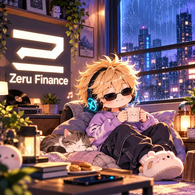 An anime-style character wearing sunglasses and glowing headphones relaxes with a cat on a beanbag, holding a mug in a rainy city apartment labeled “Zeru Finance.”