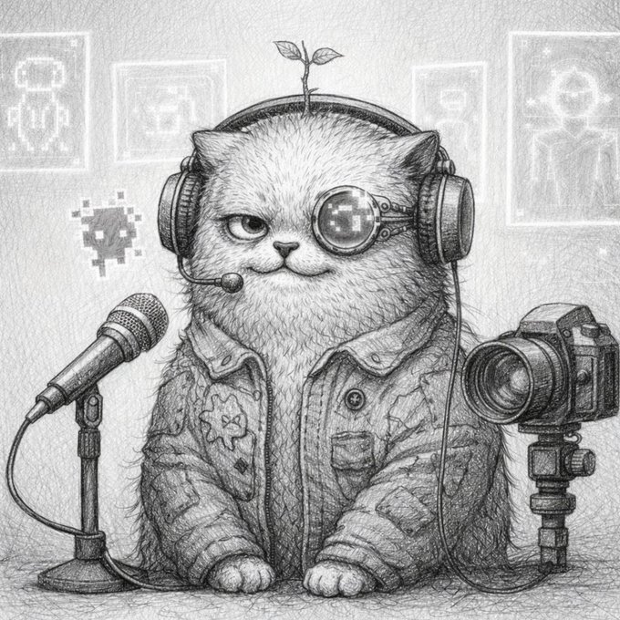 A detailed pencil sketch of a cat wearing headphones and a monocle with an eyepatch, sitting in front of a microphone and a camera on a tripod, with pixel art characters in the background.
