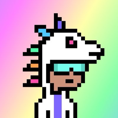 A pixel art illustration of a character wearing a white unicorn hoodie with a colorful horn and mane, set against a pink, yellow, and green gradient background.